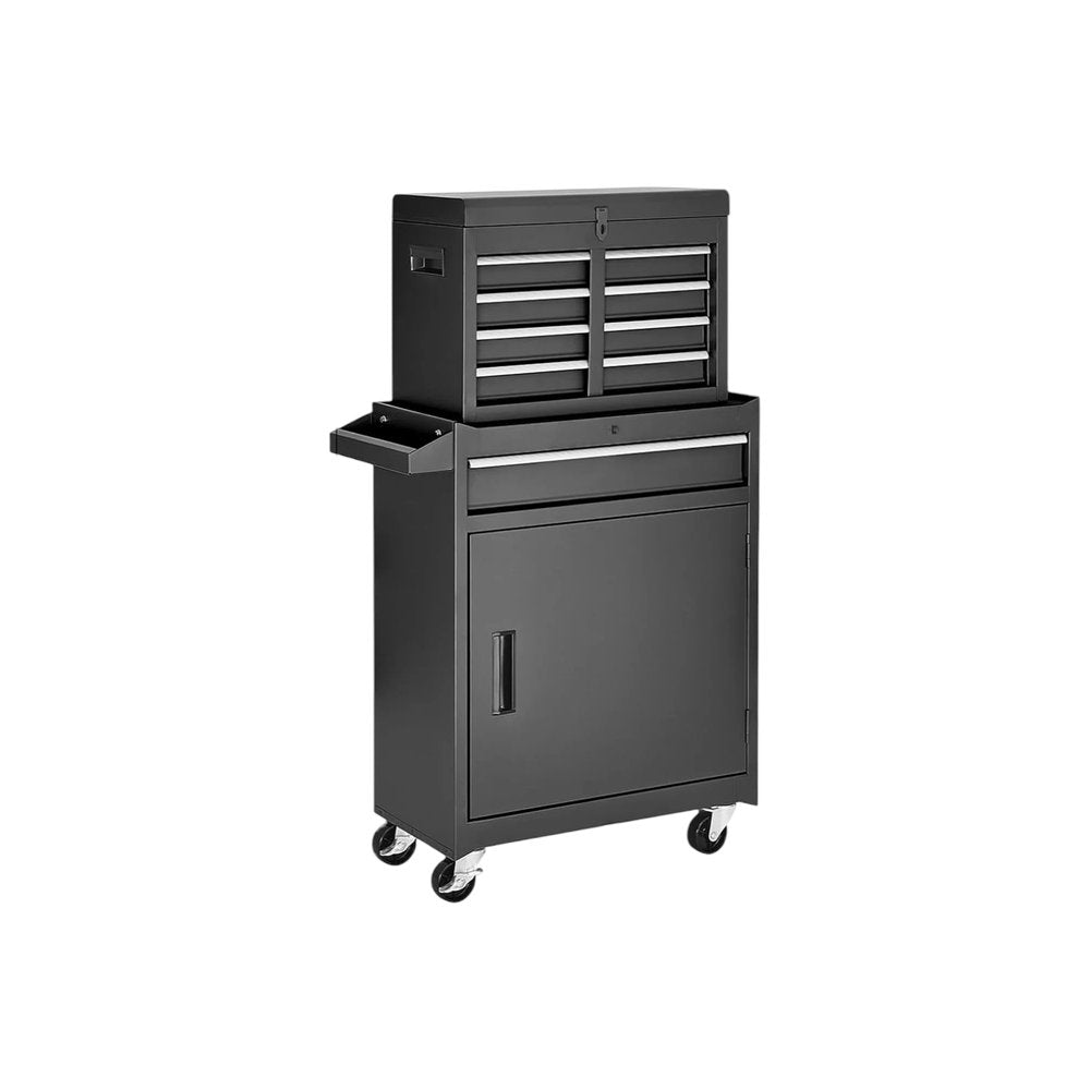 Black steel rolling tool cabinet with a multi-tier top chest and a single cabinet door, set against a white background.