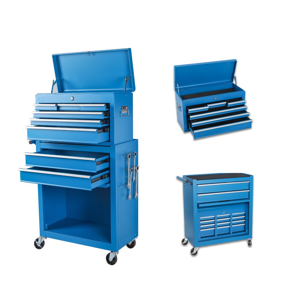 Set of two blue multi-tier steel rolling tool cabinets with lids on a white background.