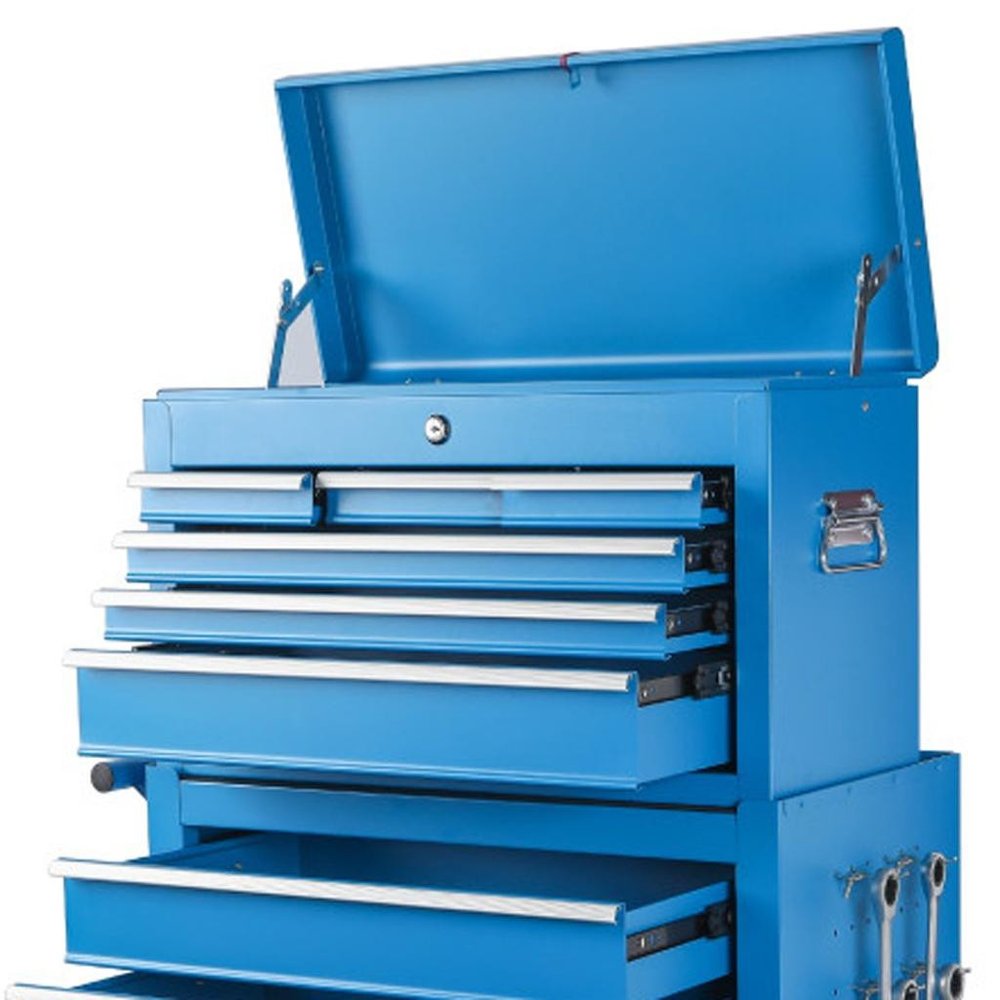 Set of Two Blue Multi-Tier Steel Rolling Cabinet With Lid - 26.77" H x 15.15" W x 28.74" D