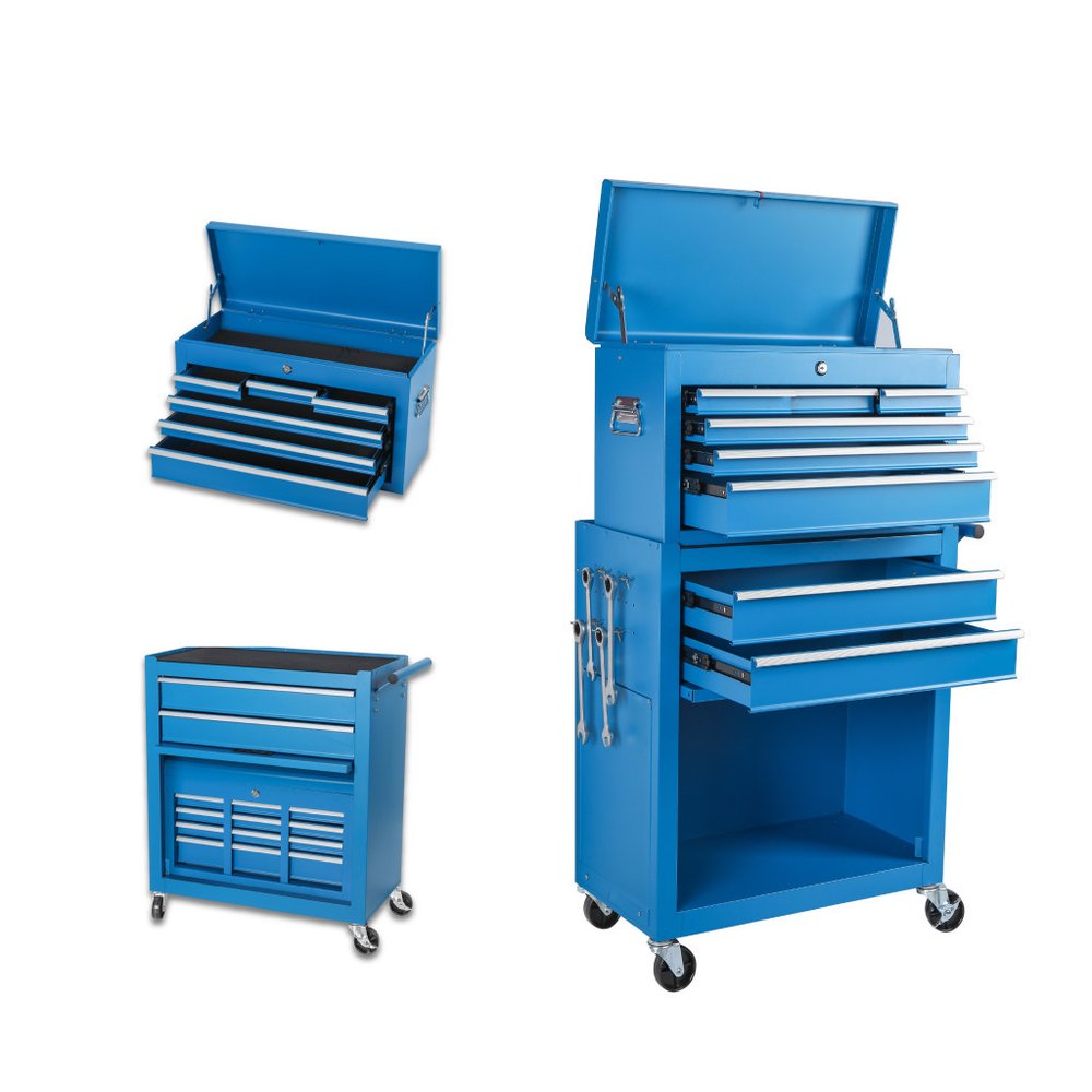 Set of Two Blue Multi-Tier Steel Rolling Cabinet With Lid - 26.77" H x 15.15" W x 28.74" D