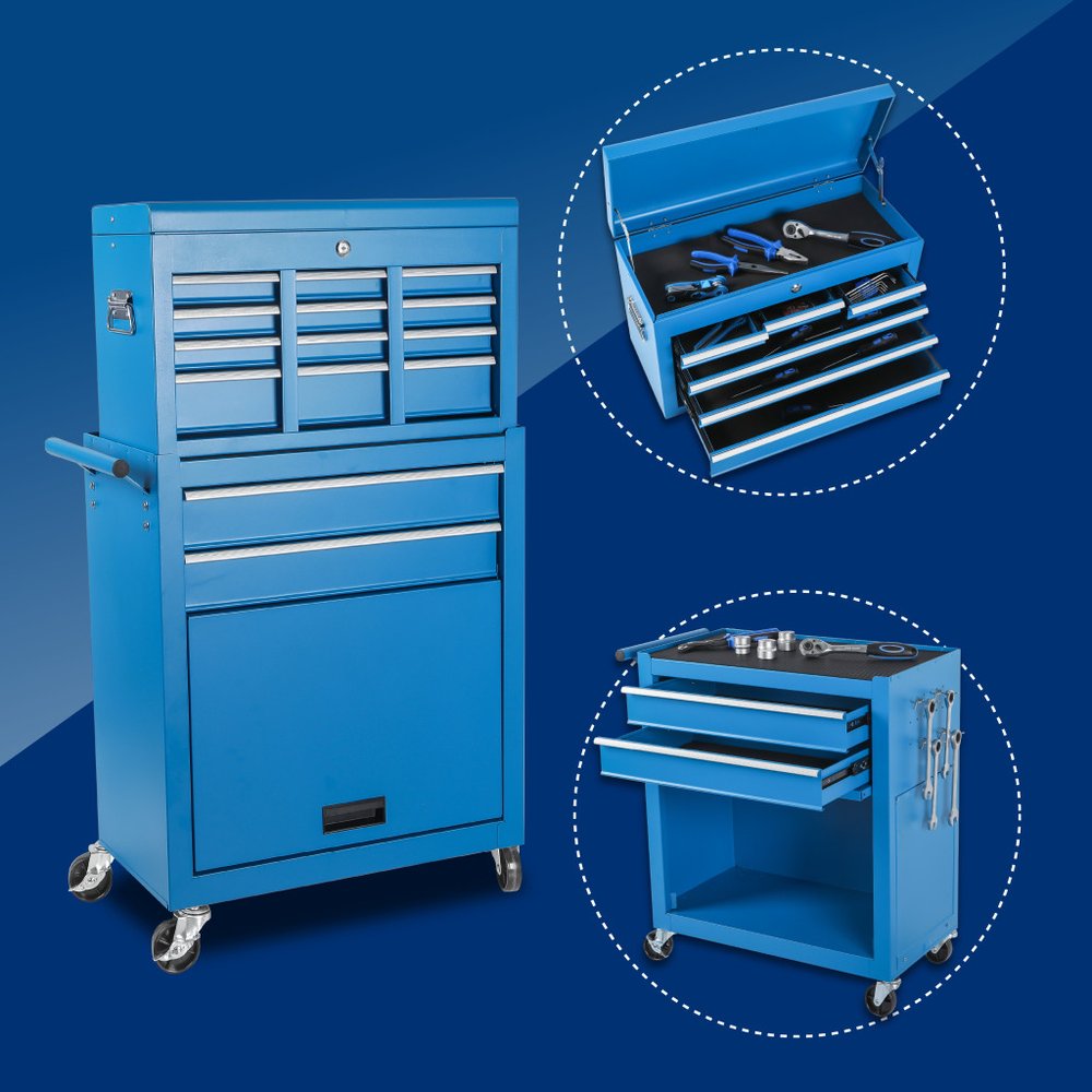 Set of Two Blue Multi-Tier Steel Rolling Cabinet With Lid - 26.77" H x 15.15" W x 28.74" D