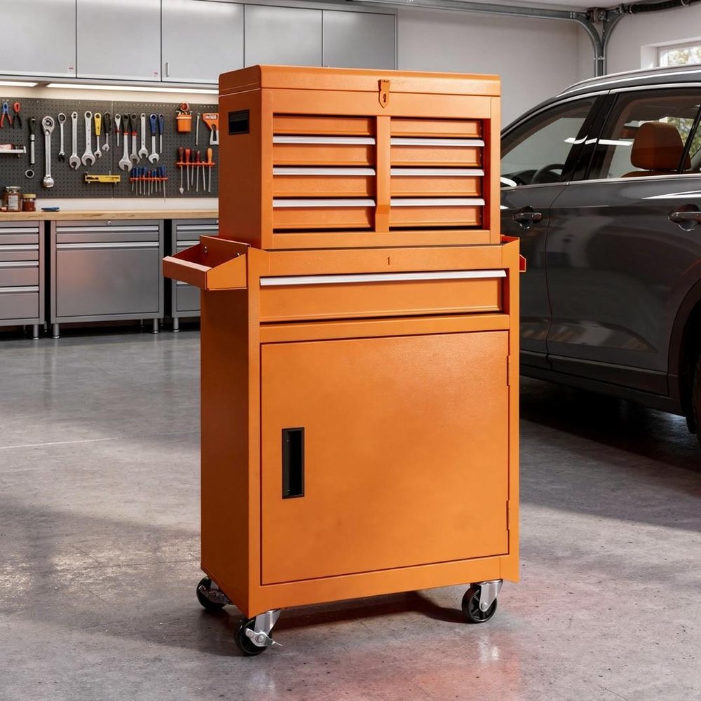 Set of Two Orange Multi-Tier Steel Rolling Cabinet With Lid - SKU 714592