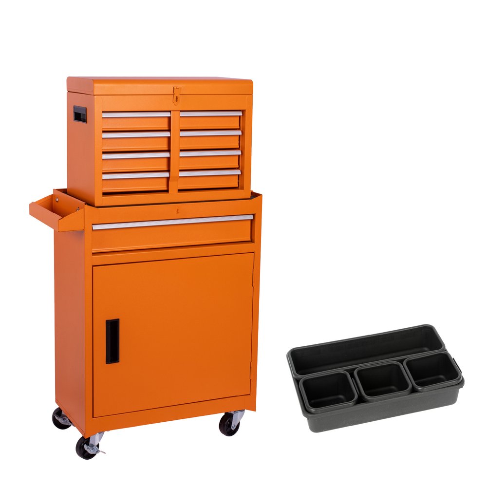 Orange steel rolling tool cabinet with a lid and a separate three-compartment organizer tray on a white background.