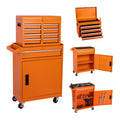 Set of Two Orange Multi-Tier Steel Nine Drawer Rolling Storage Cabinet With Lid on a white background