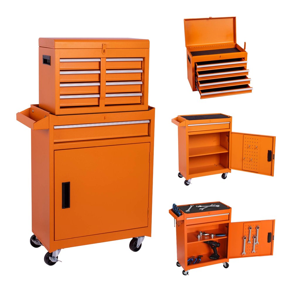 Orange multi-tier steel rolling tool cabinet with lid and drawers, shown from multiple angles on a white background.