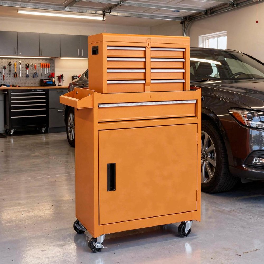 Set of Two Orange Multi-Tier Steel Rolling Cabinet With Lid - SKU 714593