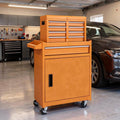Set of Two Orange Multi-Tier Steel Rolling Cabinet With Lid
