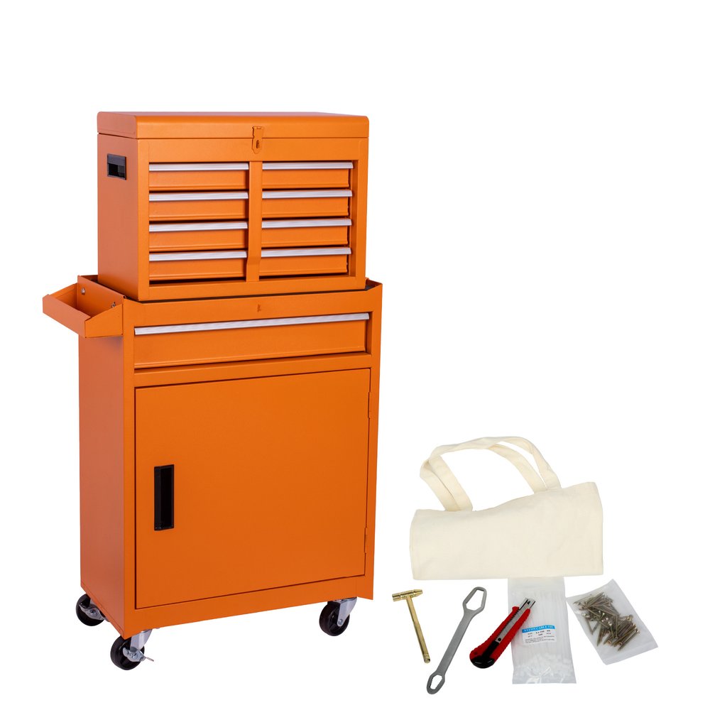 Orange steel rolling tool cabinet with lid and drawers, with a canvas bag, hammer, wrench, utility knife, and screws on a white background.