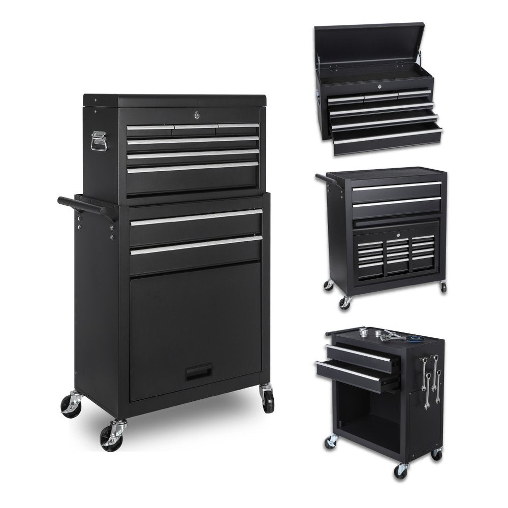 Black steel rolling tool chest with multiple drawers and a separate rolling cabinet with drawers and tool storage.