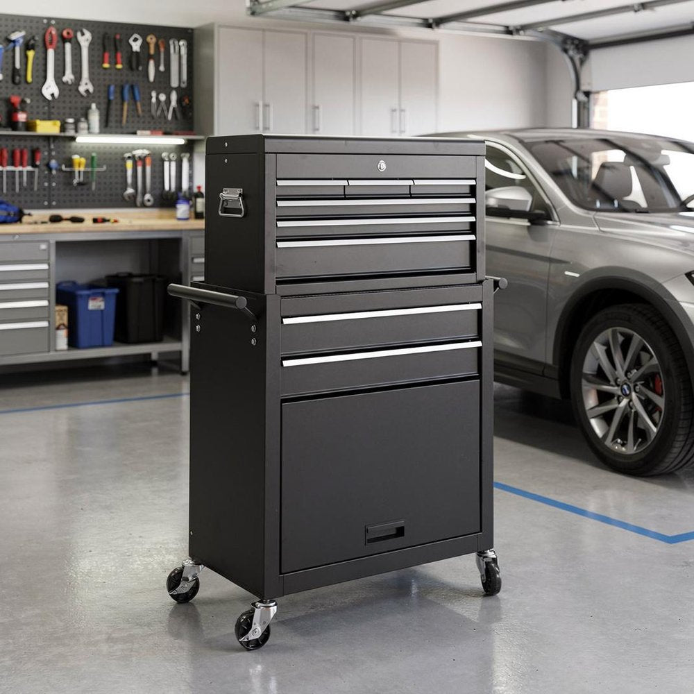 Set of Two Black Multi-Tier Steel Rolling Cabinet With Lid - with 8-drawer Rolling Tool Storage Cabinet Along With Versatile 2-in-1 Deta