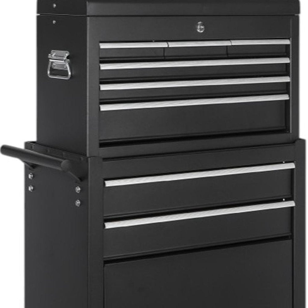 Set of Two Black Multi-Tier Steel Rolling Cabinet With Lid - with 8-drawer Rolling Tool Storage Cabinet Along With Versatile 2-in-1 Deta