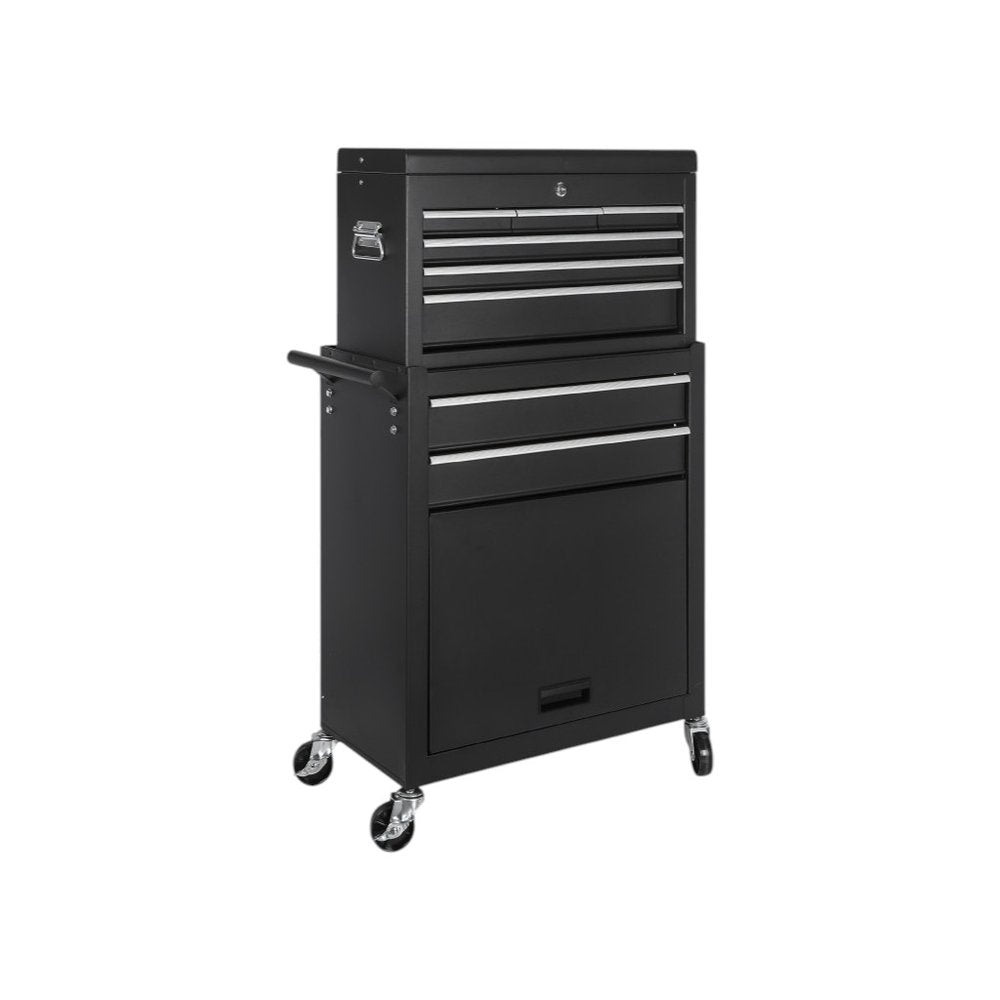 Set of Two Black Multi-Tier Steel Rolling Cabinet With Lid - with 8-drawer Rolling Tool Storage Cabinet Along With Versatile 2-in-1 Deta