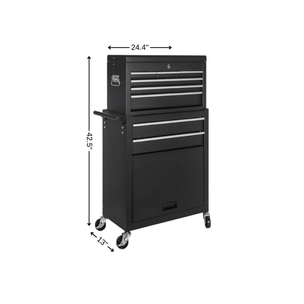 Set of Two Black Multi-Tier Steel Rolling Cabinet With Lid - with 8-drawer Rolling Tool Storage Cabinet Along With Versatile 2-in-1 Deta