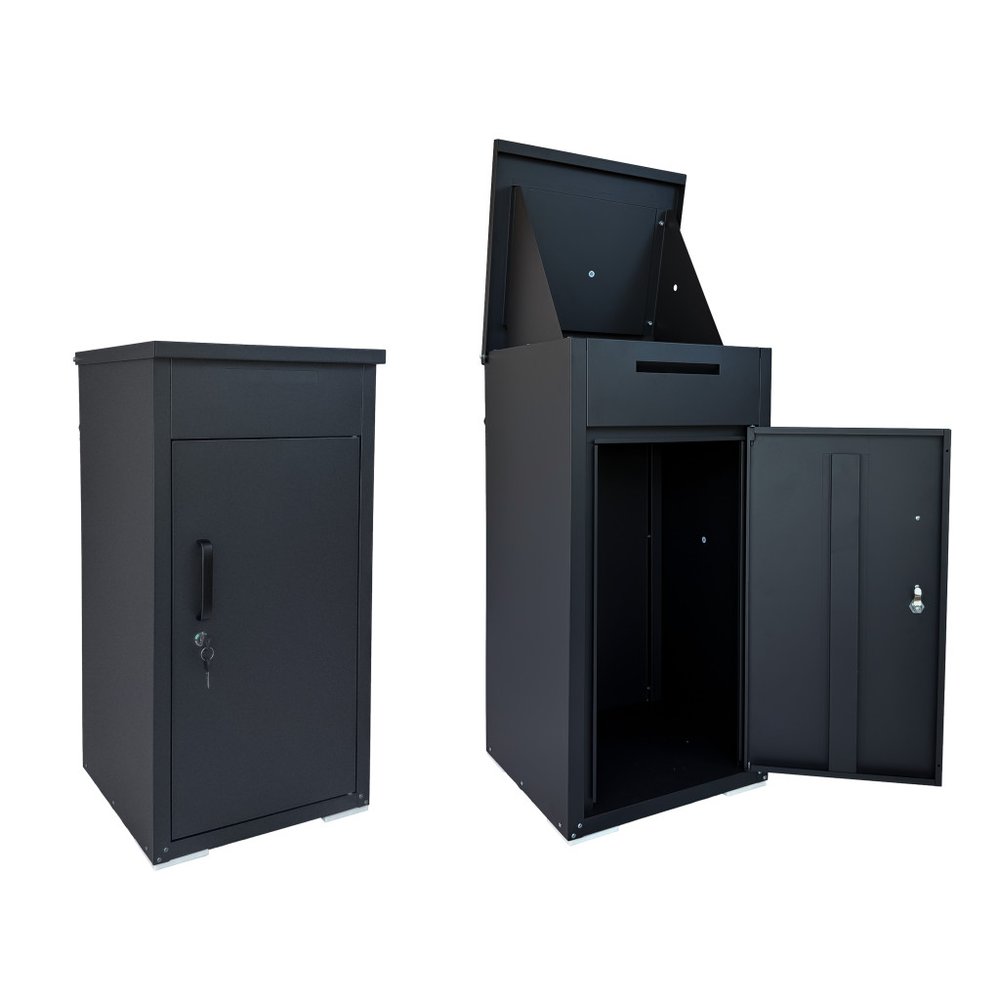Two black steel mailboxes on a white background, one closed and one open showing interior.