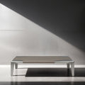 57" Light Gray and Silver Wood and Stainless Steel Coffee Table close-up highlighting the light gray metal surface.