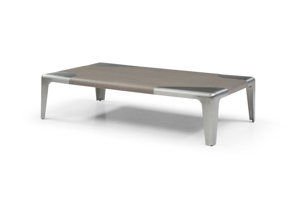 57" Light Gray and Silver Wood and Stainless Steel Coffee Table. Coffee table isolated on a plain white background, finished in light gray metal.