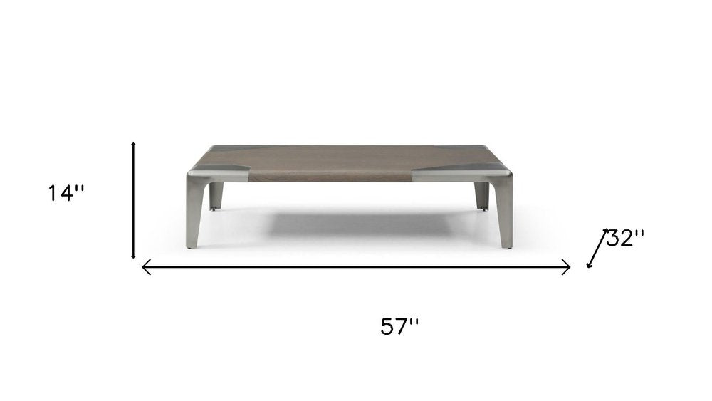 57" Light Gray and Silver Wood and Stainless Steel Coffee Table