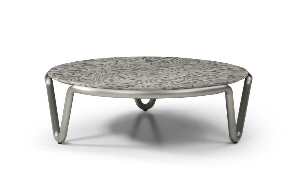 55" Gray and Silver Wood and Stainless Steel Round Coffee Table