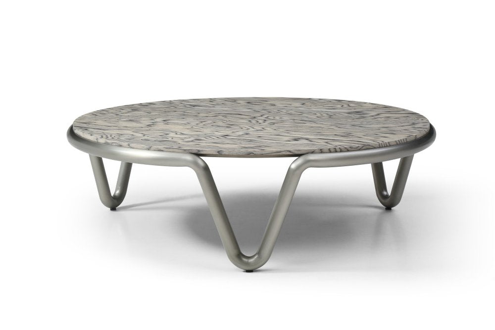 55" Gray and Silver Wood and Stainless Steel Round Coffee Table