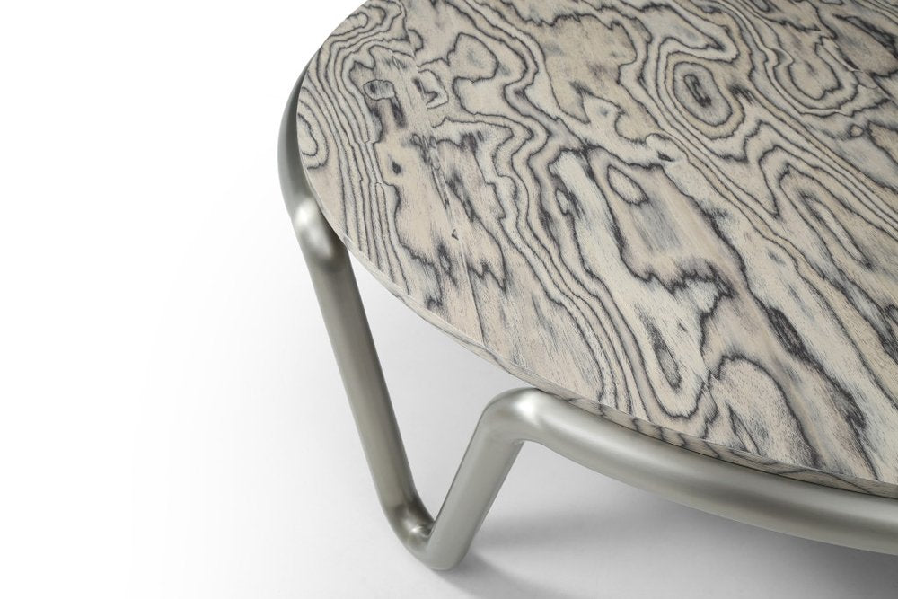 55" Gray and Silver Wood and Stainless Steel Round Coffee Table