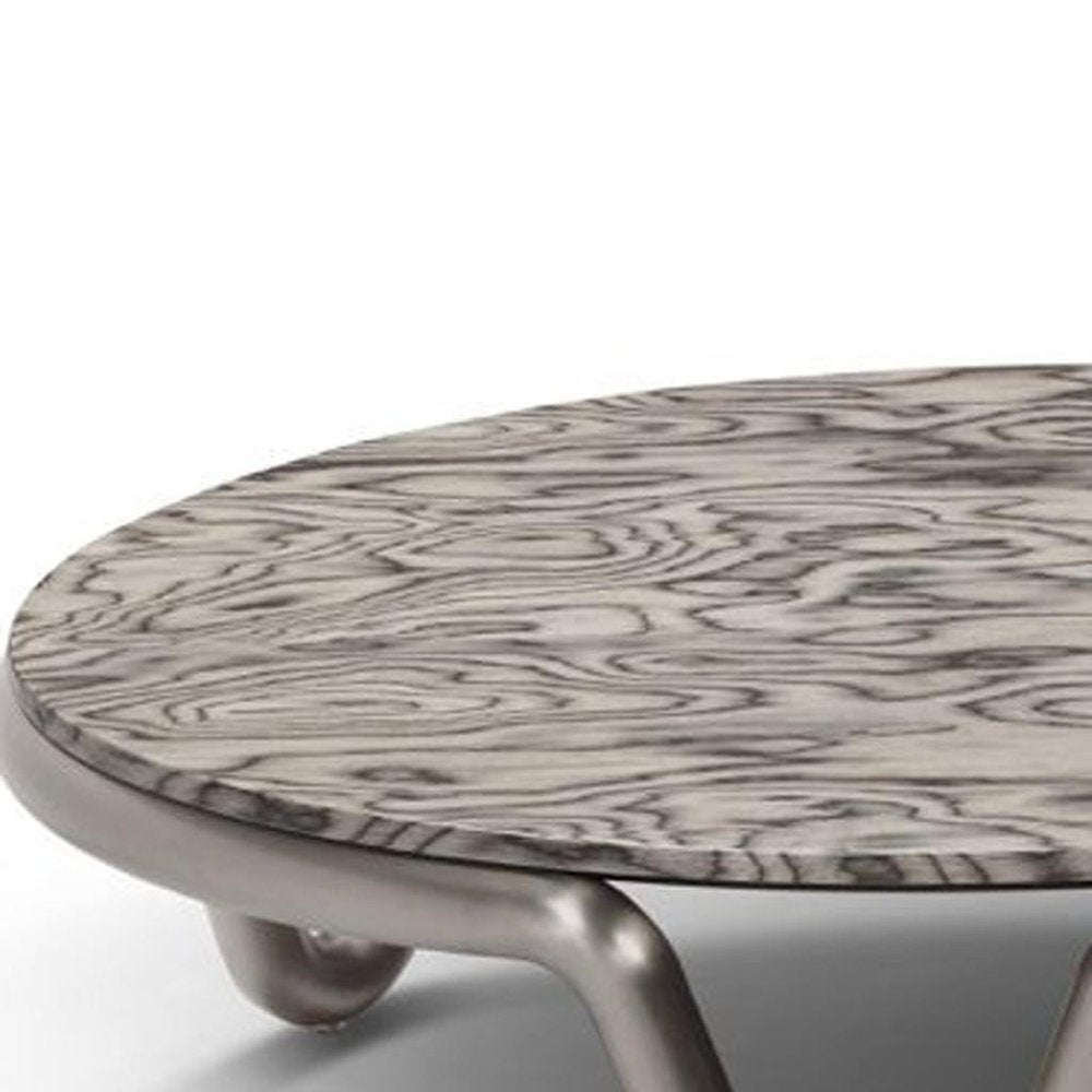 55" Gray and Silver Wood and Stainless Steel Round Coffee Table