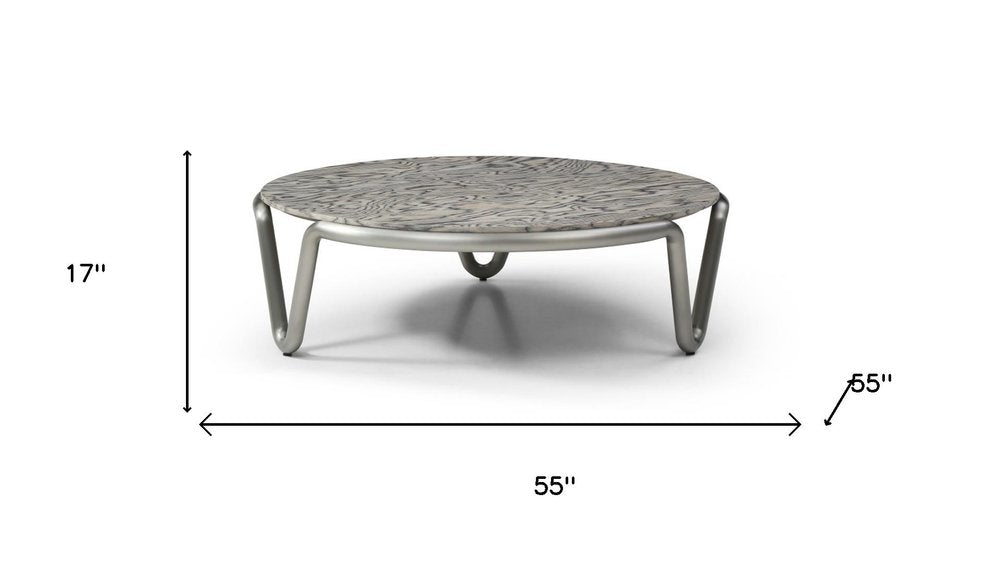 55" Gray and Silver Wood and Stainless Steel Round Coffee Table