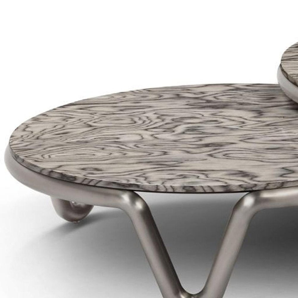 55" Gray and Silver Wood and Stainless Steel Round Coffee Table