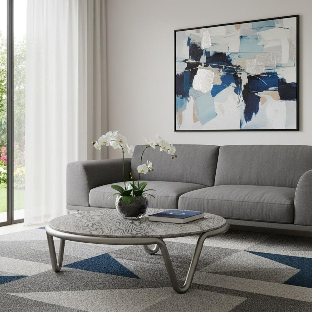 55" Gray and Silver Wood and Stainless Steel Round Coffee Table