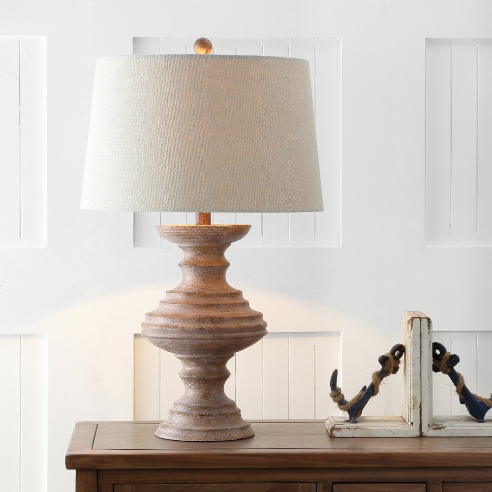 27" Brown Urn Bedside Lamp With Drum Shade. Lamp in brown.