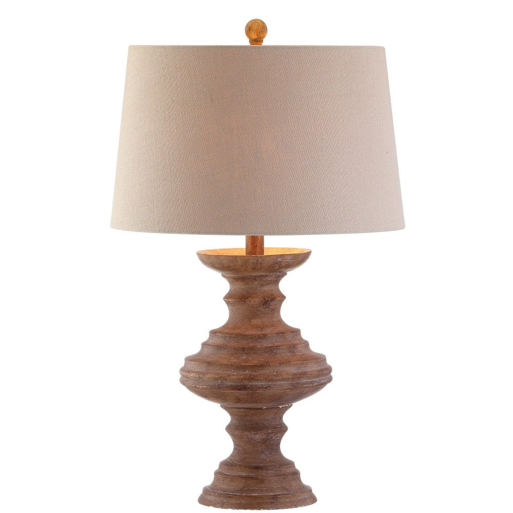27" Brown Urn Bedside Lamp With Drum Shade. Lamp isolated on a plain white background, in a brown finish.