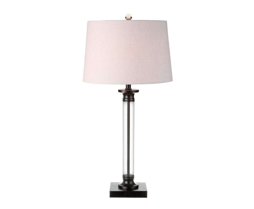 Set of Two 30" Black Table Lamps With Drum Shades on a white background