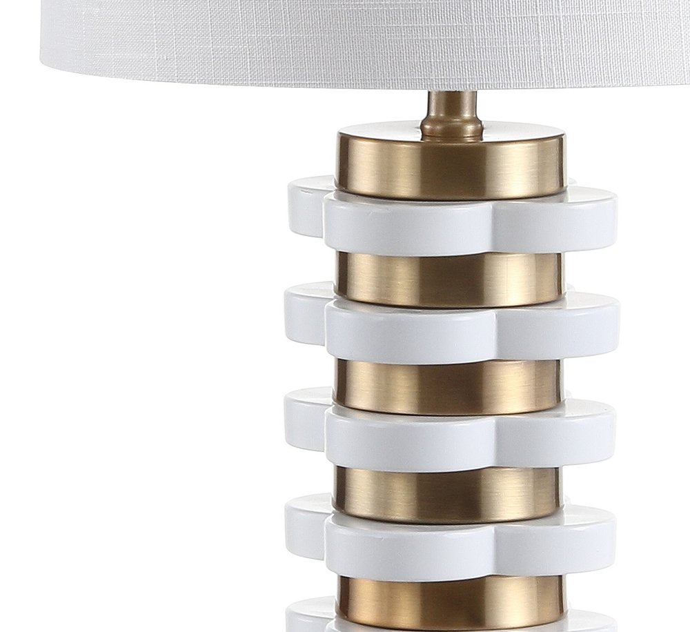 27" White Novelty Table Lamp With Drum Shade. Table lamp isolated on a plain white background, showing its white color.
