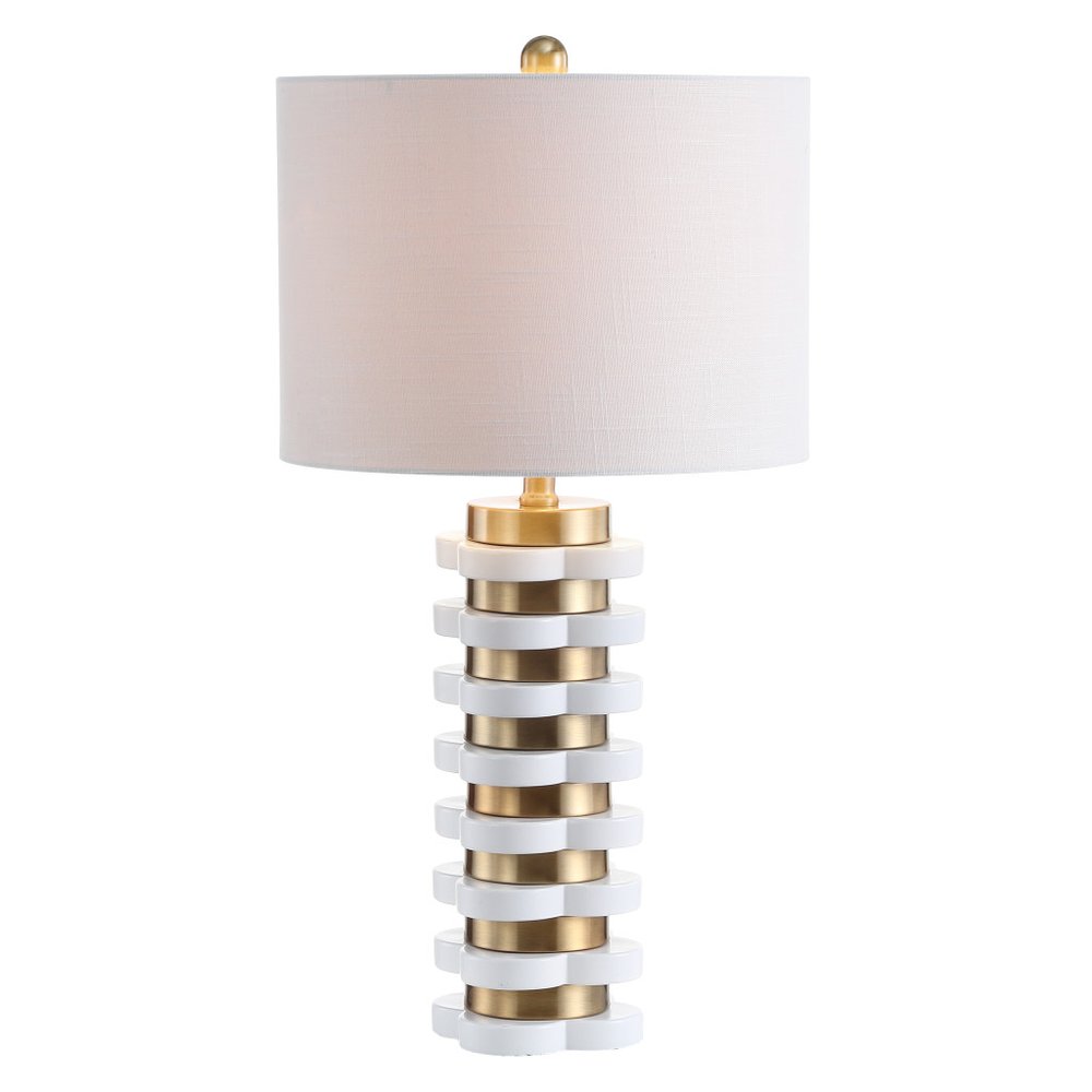 27" White Novelty Table Lamp With Drum Shade. Table lamp isolated on a plain white background, showing its white color.