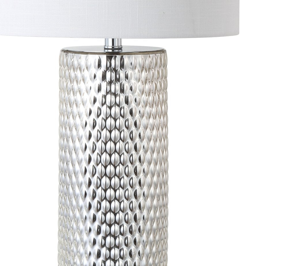 30" Silver Table Lamp With Drum Shade. Table lamp isolated on a plain white background, showing its silver color.