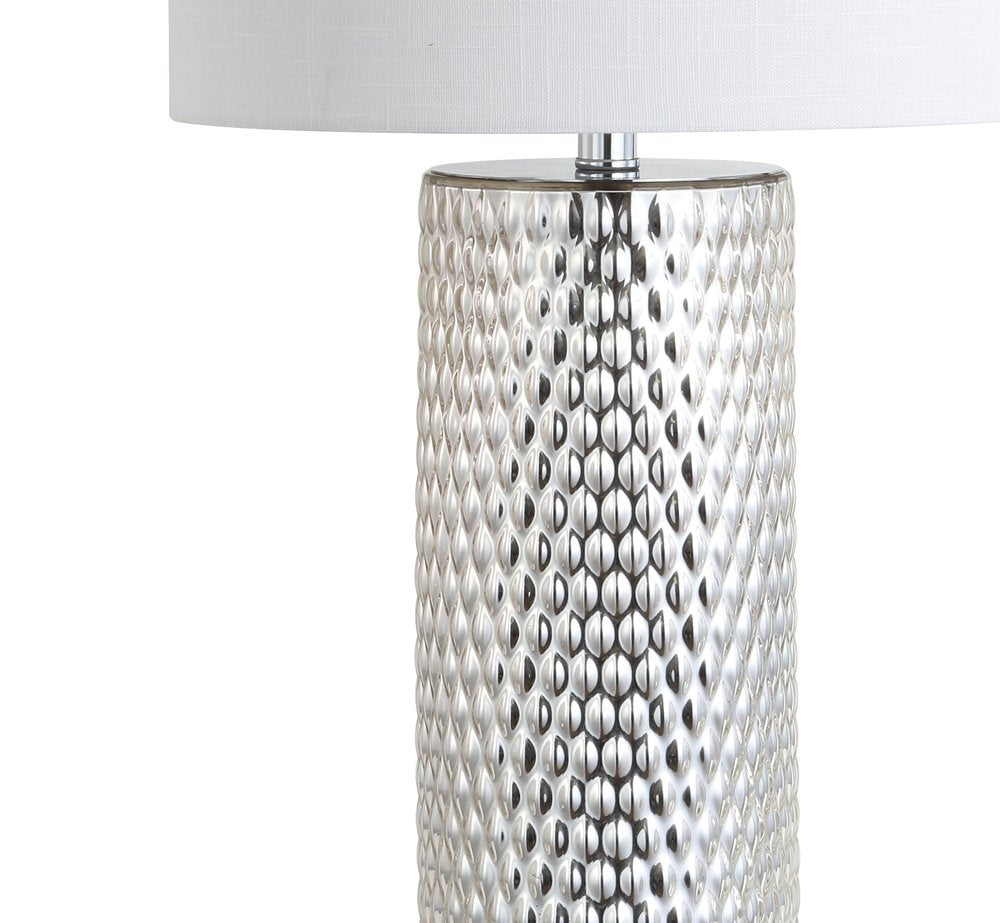 30" Silver Table Lamp With Drum Shade. Table lamp isolated on a plain white background, in a silver finish.