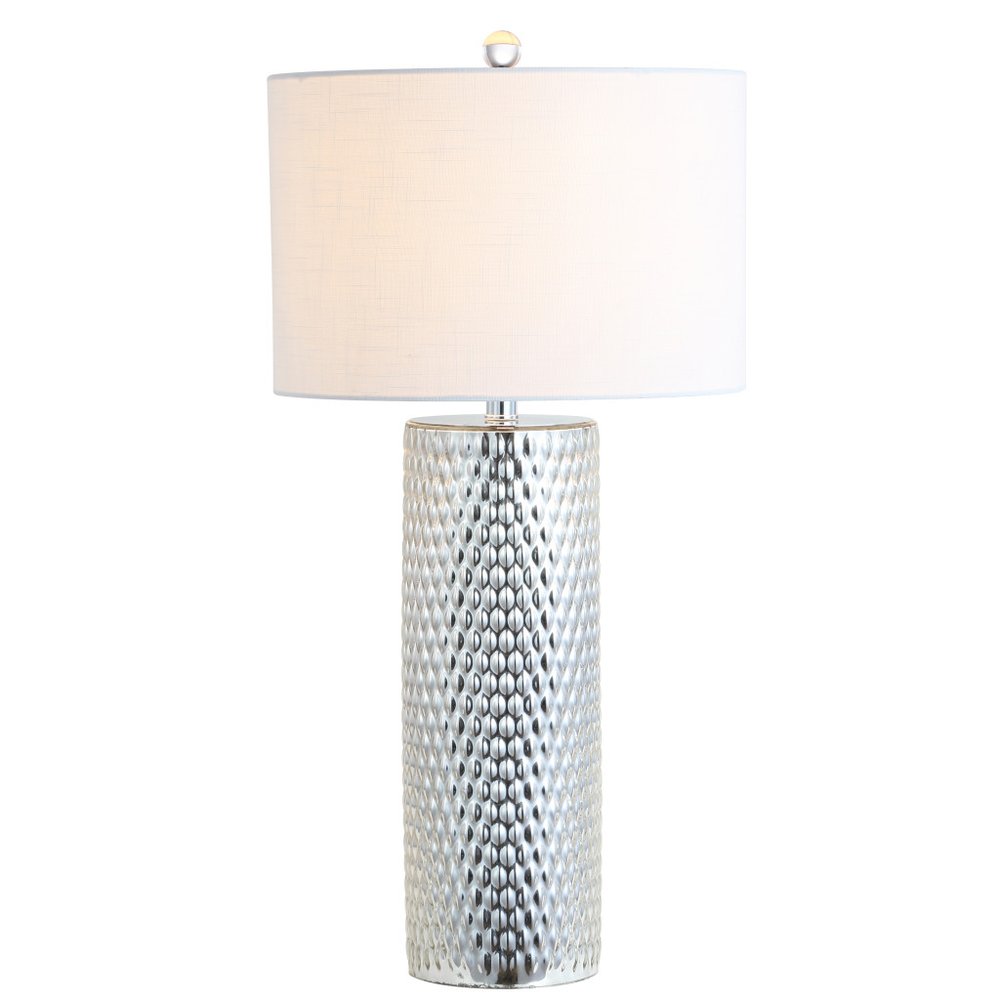 30" Silver Table Lamp With Drum Shade. Table lamp isolated on a plain white background, finished in silver.
