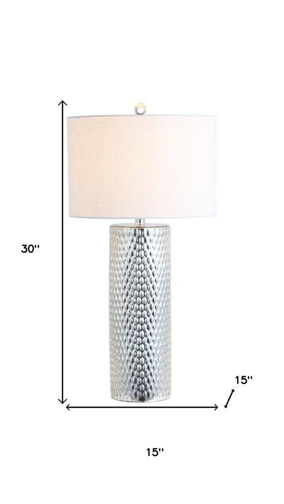 30" Silver Table Lamp With Drum Shade. Table lamp isolated on a plain white background, in a silver finish.