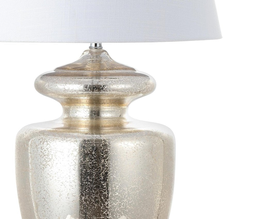 31" Silver Novelty Table Lamp With Drum Shade. Table lamp isolated on a plain white background, showing its silver color.