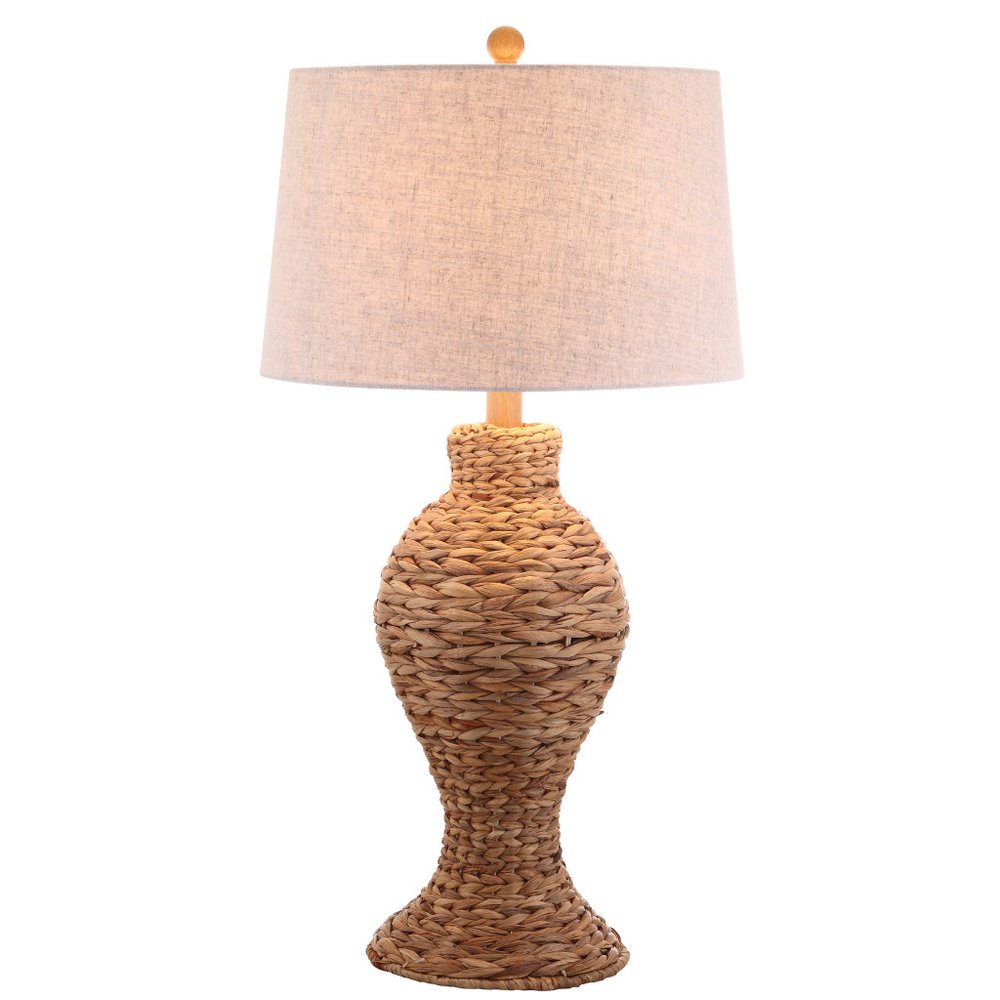 31" Natural Water Hyacinth Urn Table Lamp With Drum Shade. Table lamp isolated on a plain white background, in a tan finish.
