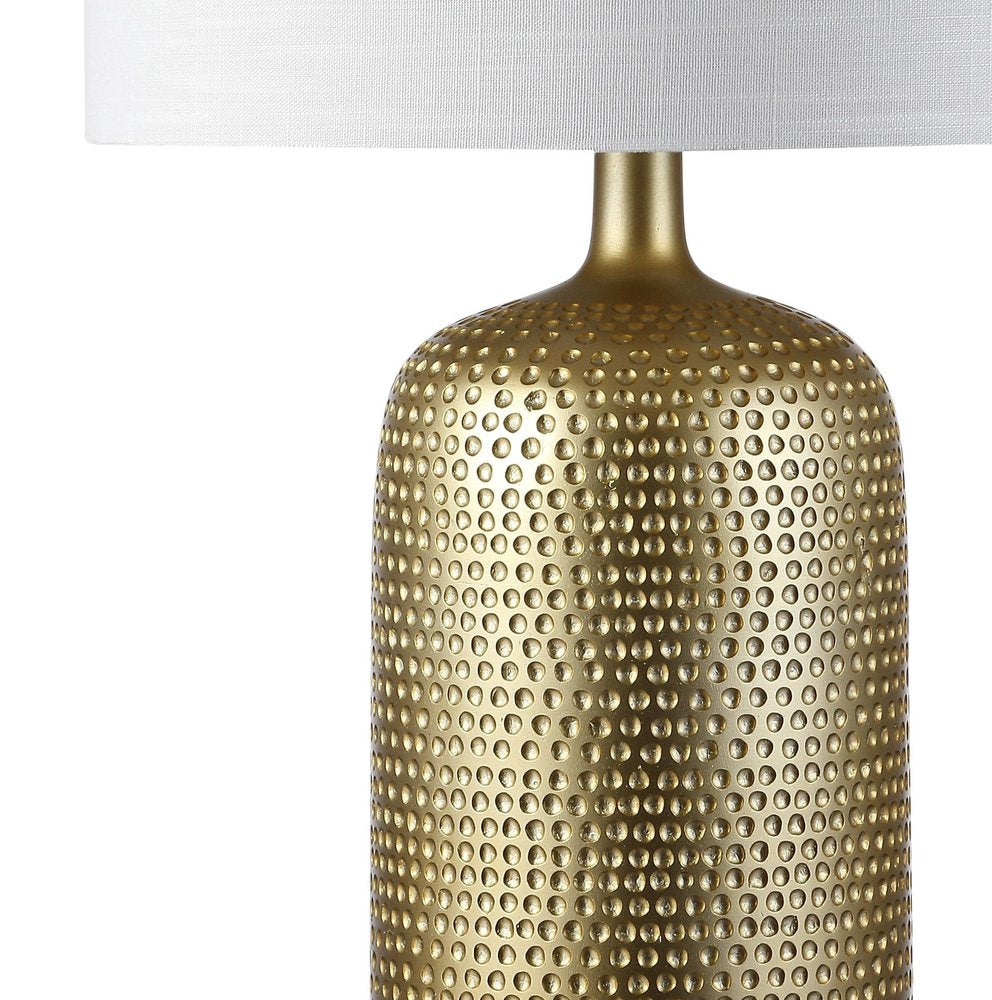 30" Gold Round Table Lamp With Drum Shade. Table lamp isolated on a plain white background, finished in gold.