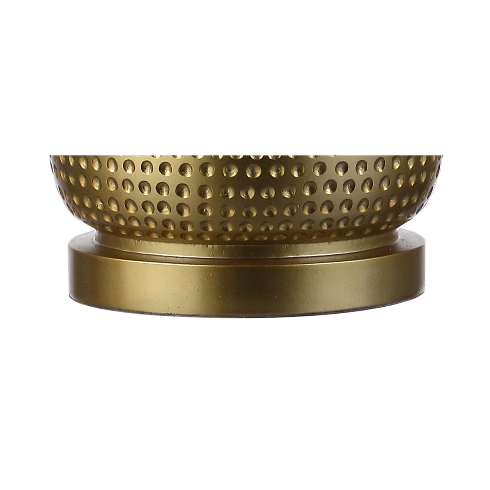 30" Gold Round Table Lamp With Drum Shade. Table lamp isolated on a plain white background, finished in gold.