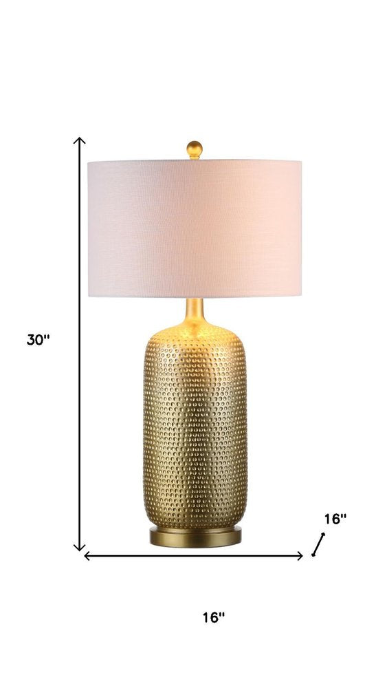 30" Gold Round Table Lamp With Drum Shade. Table lamp isolated on a plain white background, in a gold finish.