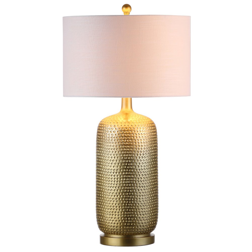 30" Gold Round Table Lamp With Drum Shade. Table lamp isolated on a plain white background, in a gold finish.
