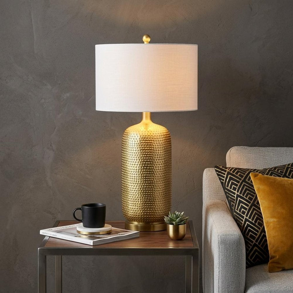 30" Gold Round Table Lamp With Drum Shade.