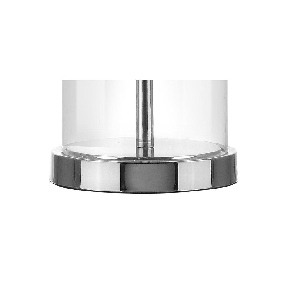 25" Silver Bedside Lamp With Drum Shade. Lamp isolated on a plain white background, showing its silver color.