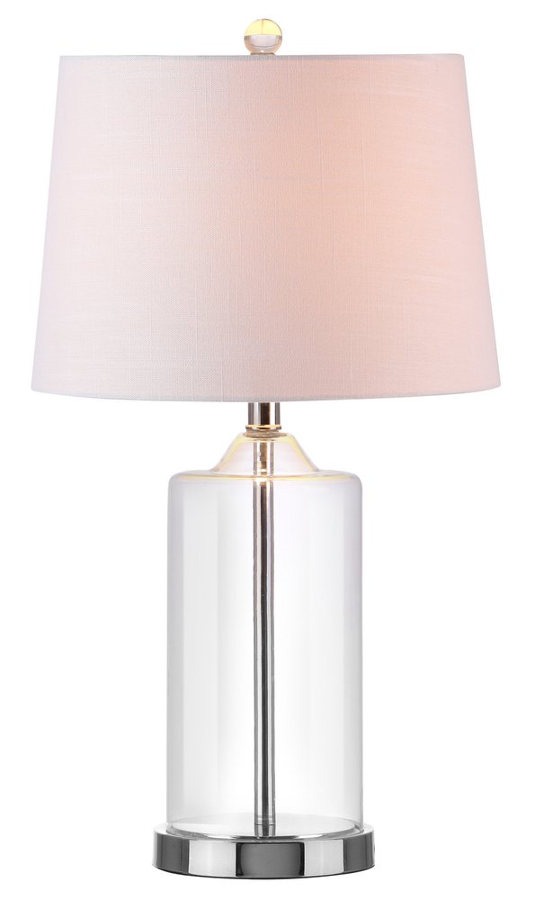 25" Silver Bedside Lamp With Drum Shade. Lamp isolated on a plain white background, finished in silver.