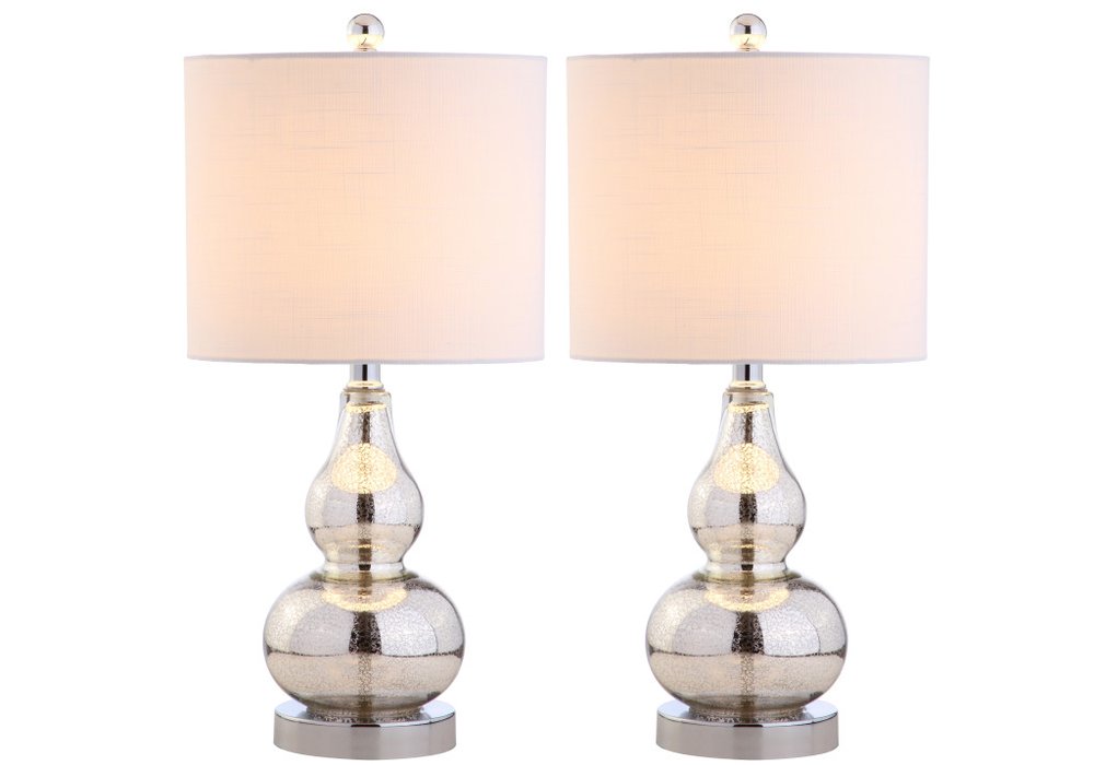 Set of Two 21" Silver Gourd Table Lamps With Drum Shades on a white background