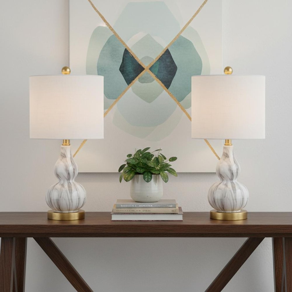 Set of Two 21" Gold Gourd Desk Lamps With Drum Shades