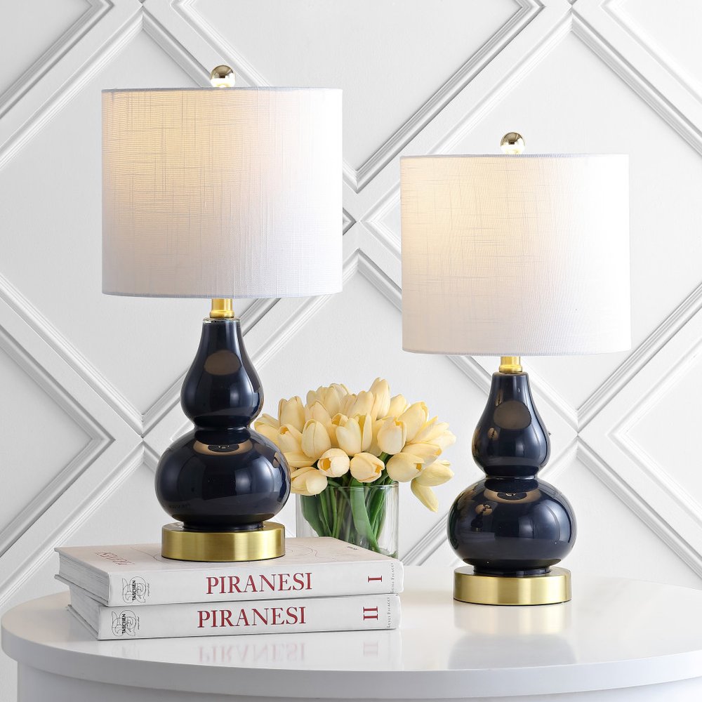 Set of Two 21" Navy Blue And Gold Gourd Table Lamps With Drum Shades