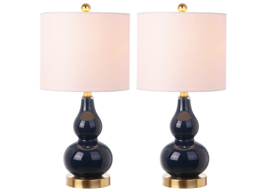 Set of Two 21" Navy Blue And Gold Gourd Table Lamps With Drum Shades